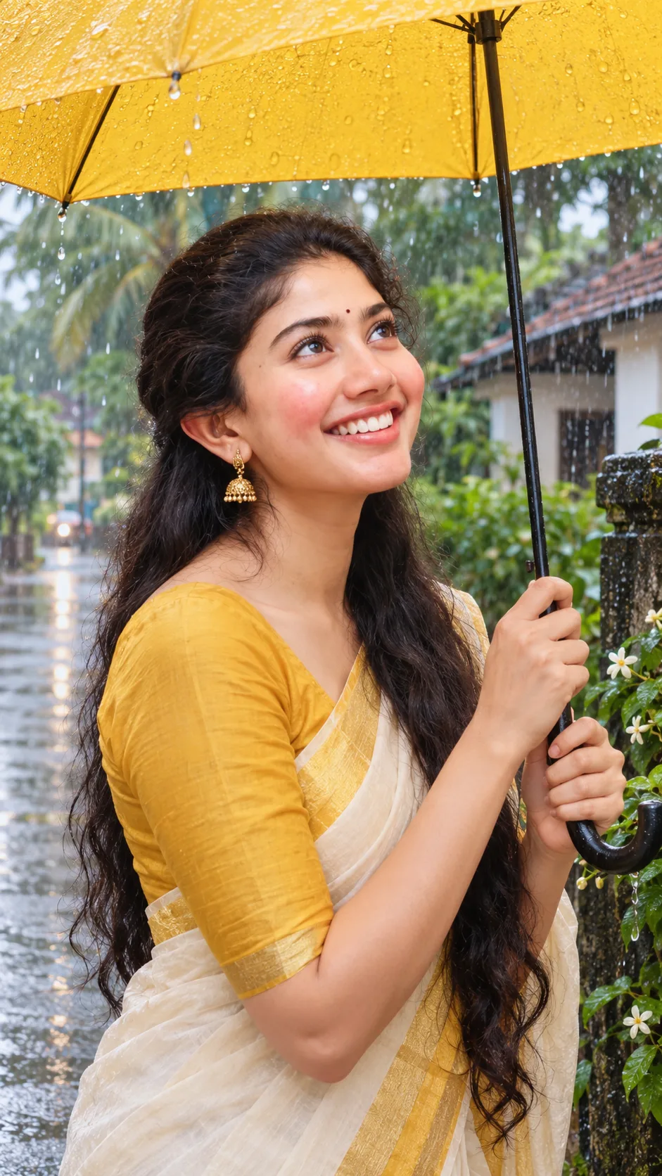 Yellow Umbrella Rain Portrait | Indian Traditional Girl Aesthetic | Monsoon Photography