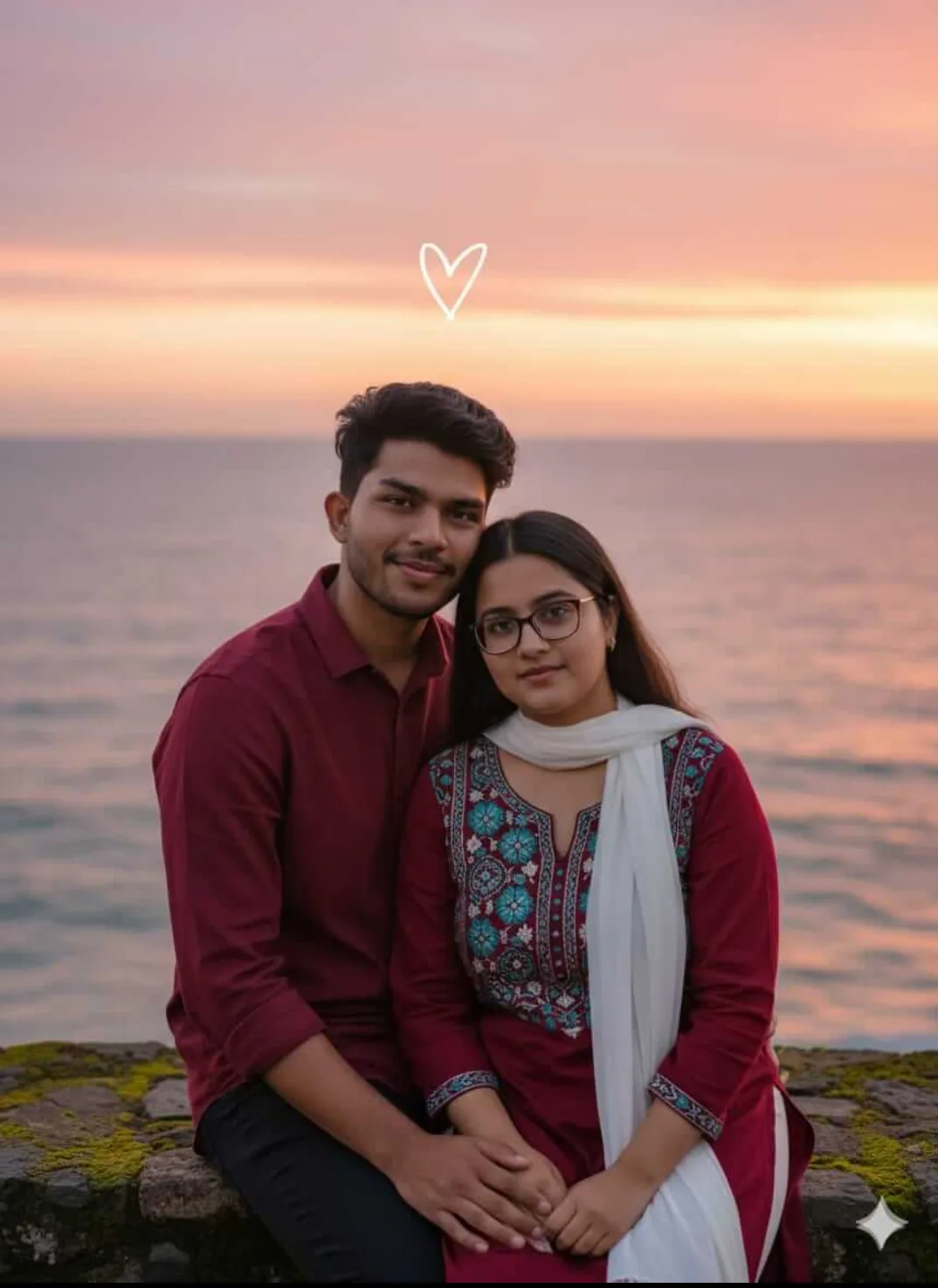 Couple sitting on mossy wall by ocean at sunset, same faces, warm romantic vibe