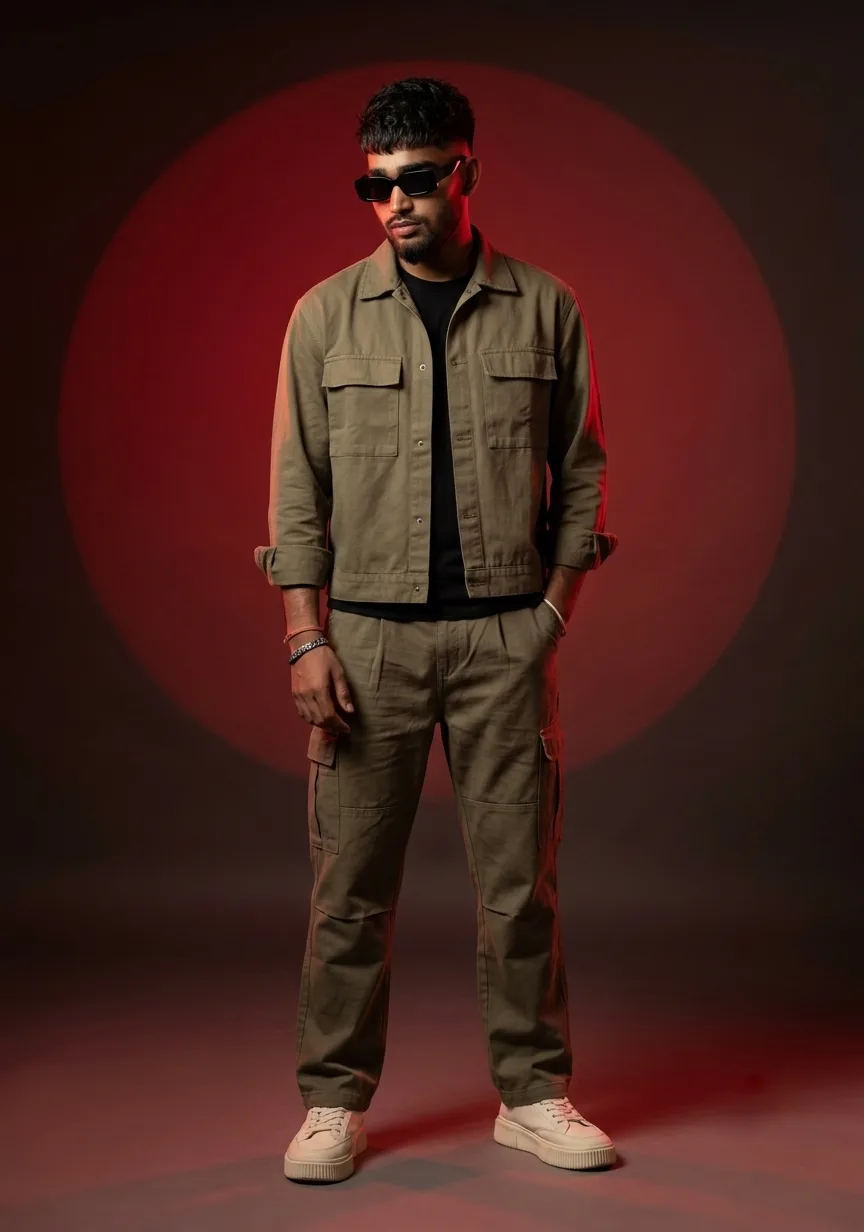 Full-Length Studio Male Portrait in Olive Cargo Co-Ord with Crimson Spotlight Prompt