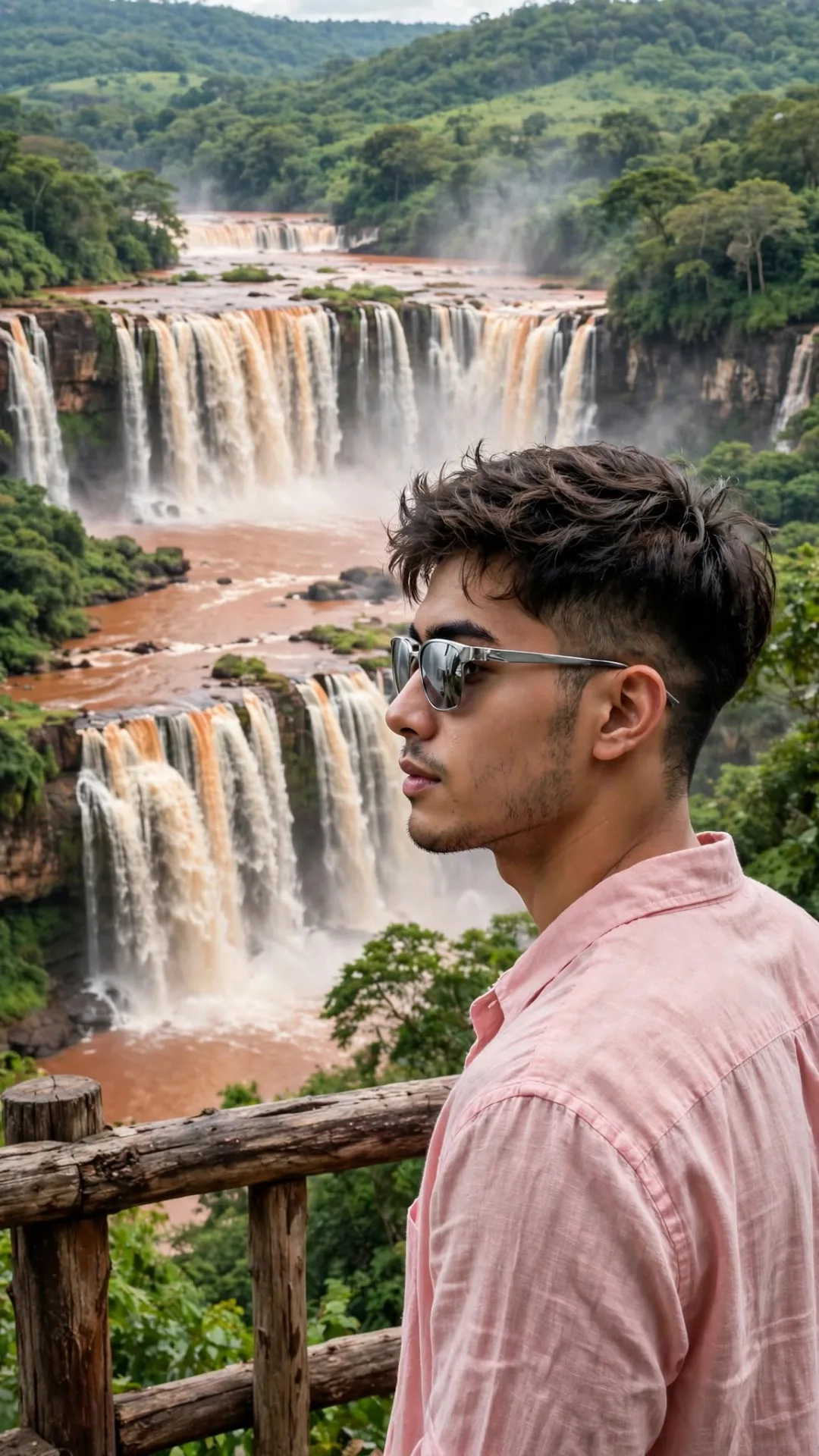 Waterfall Travel Portrait - Pink Shirt Man with Sunglasses