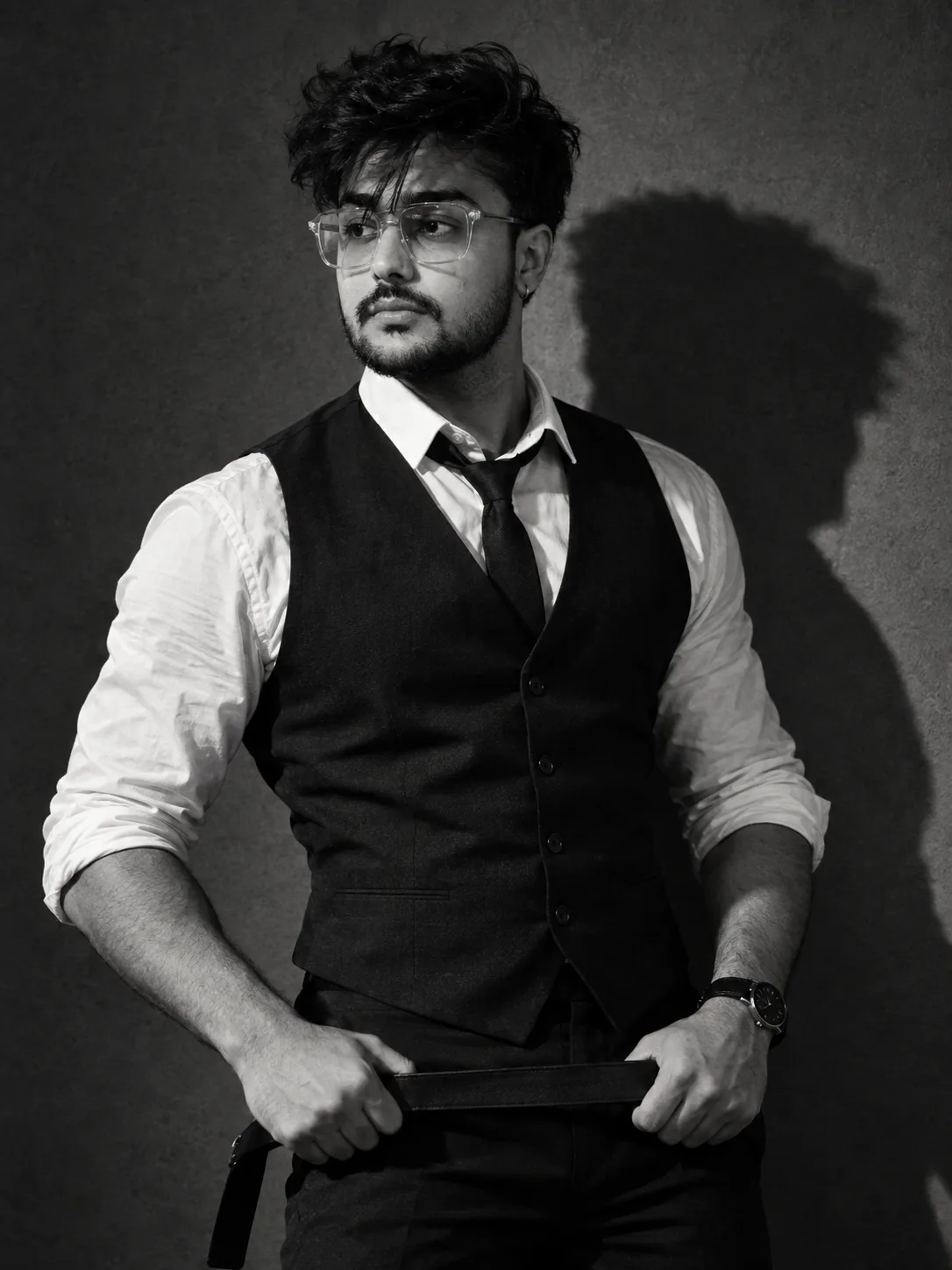 Black & White young adult man messy dark hair