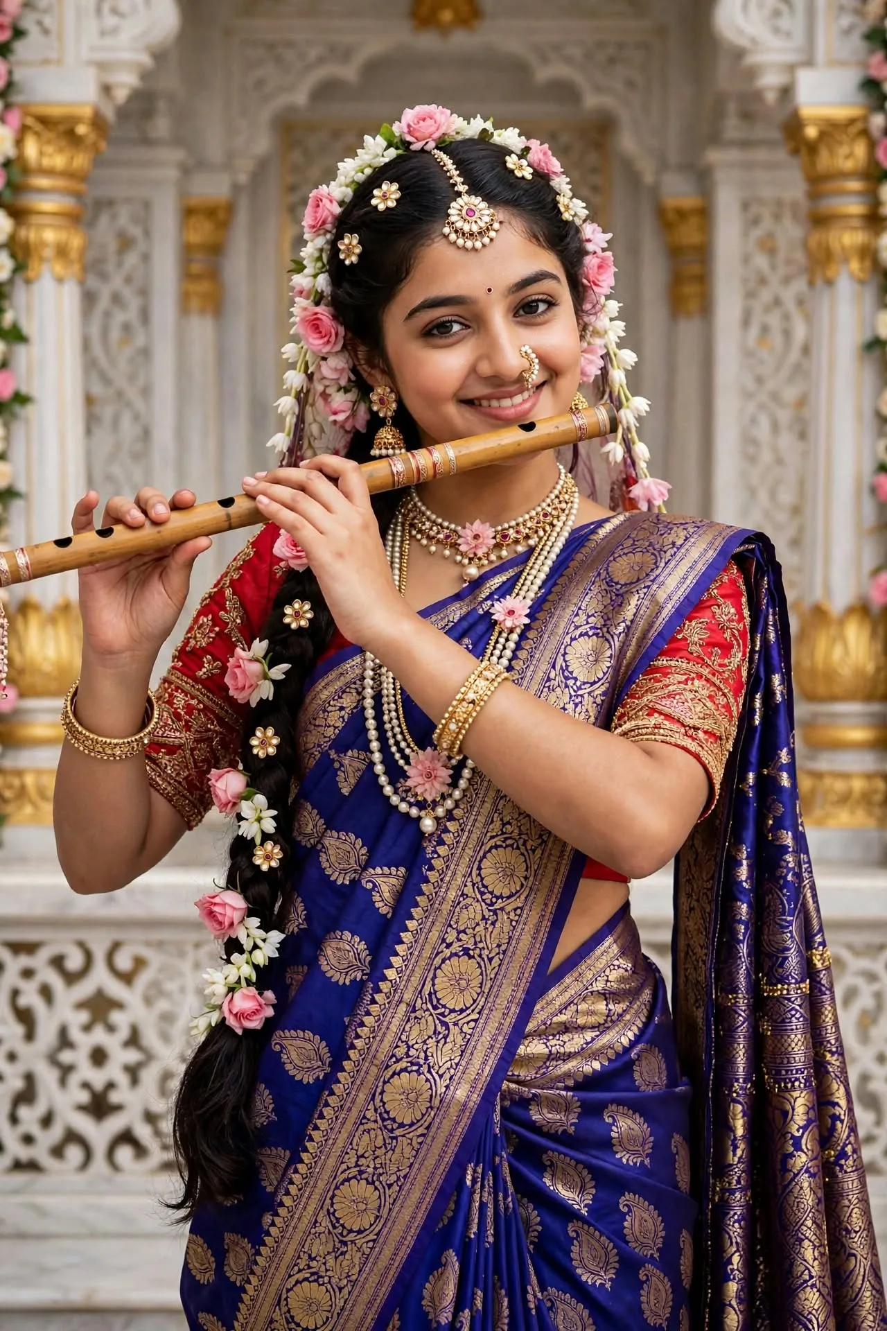 Divine Radha Playing Flute in Temple