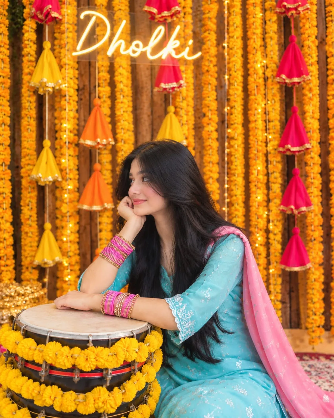 South Asian girl sitting gracefully in a beautifully decorated festive Holi setting.