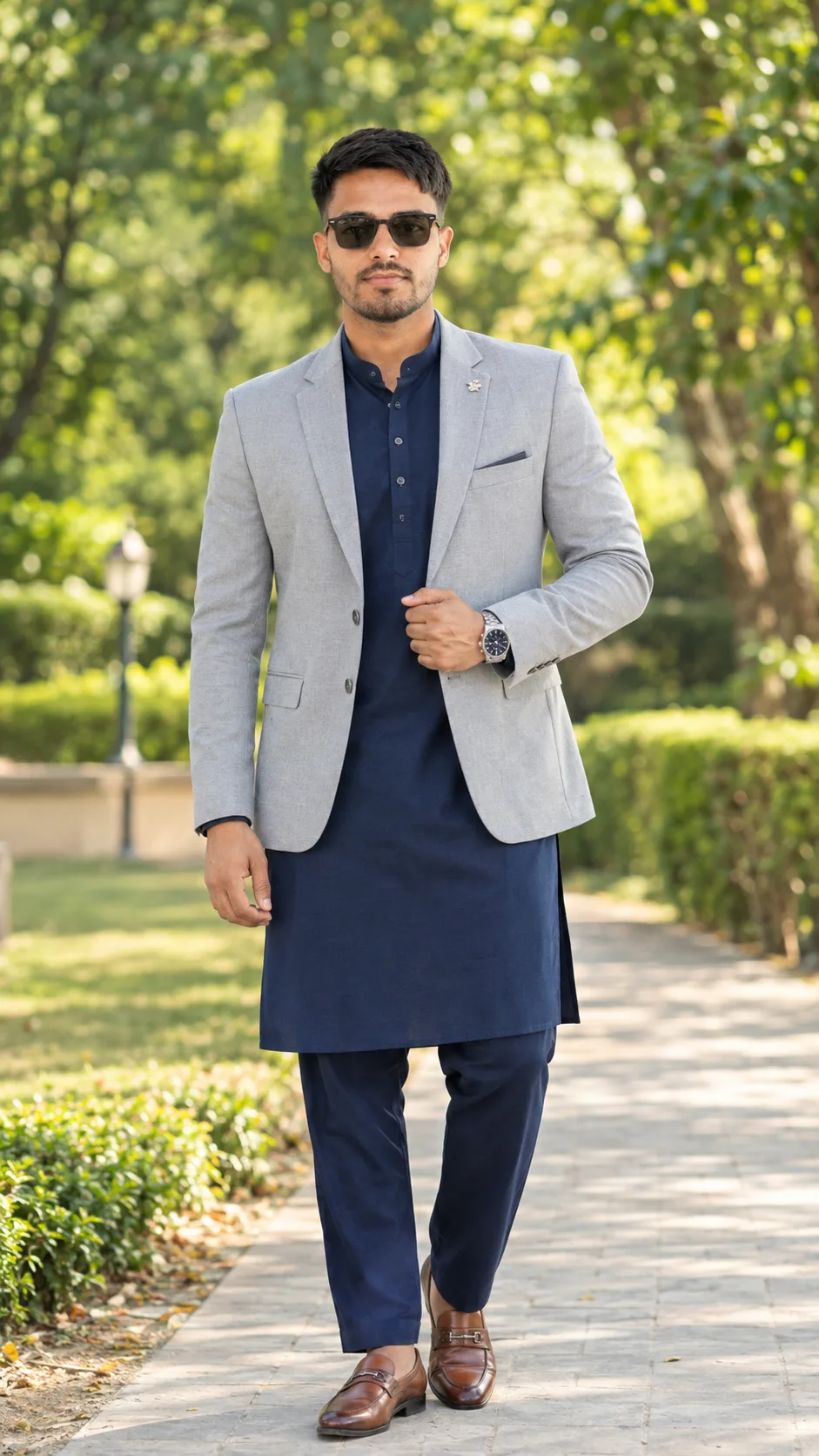 Royal & Classy Look in Navy Blue Kurta and Grey Blazer 😎✨