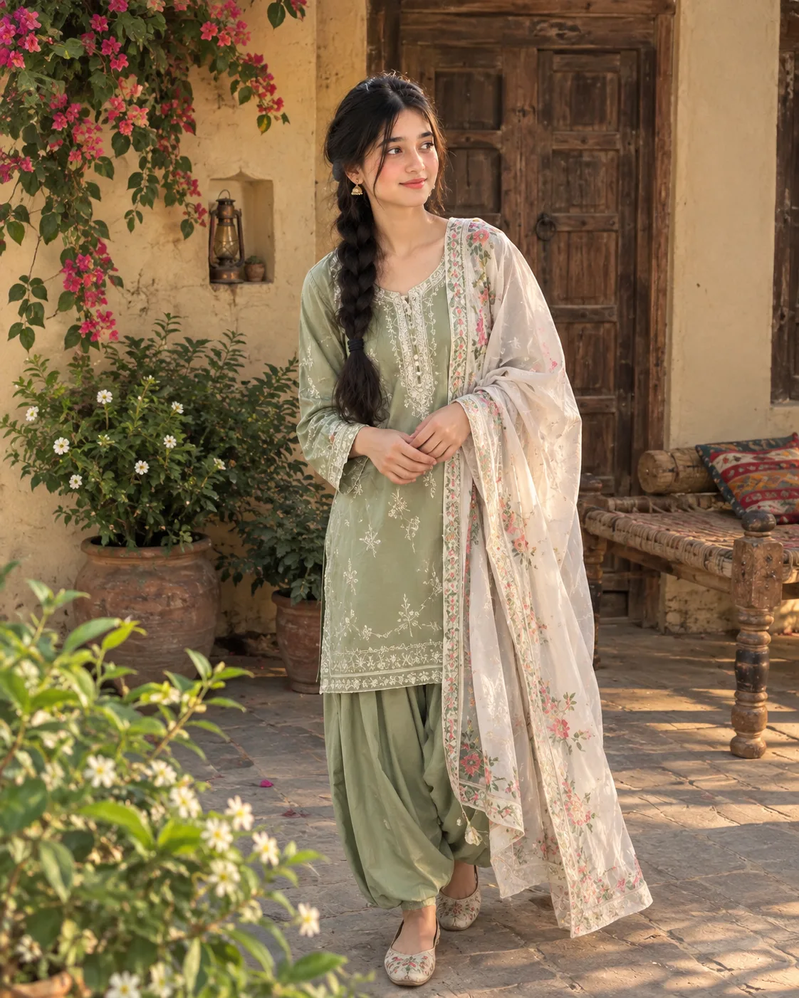 Punjabi Girl in a Rustic Courtyard — Traditional Fashion Portrait