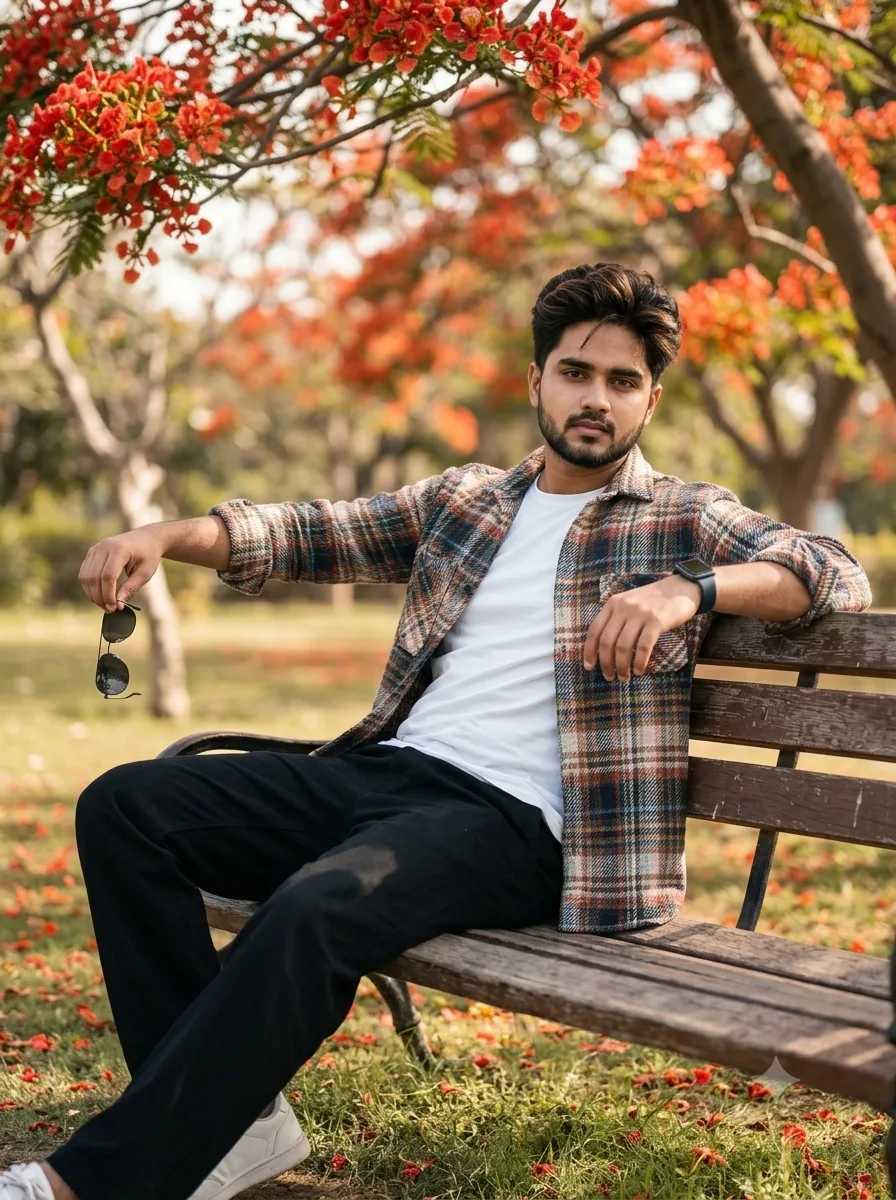 Rural Meadow Male Full-Body Portrait Leaning on Tree Trunk Holding Flowers Prompt