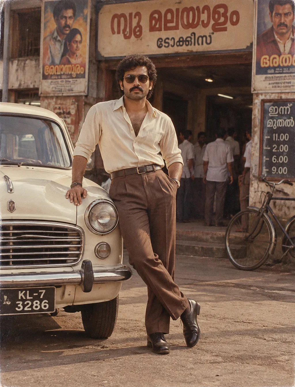 Vintage 1980s Retro Malayalam Cinema Male Portrait Leaning on Ambassador Car Prompt
