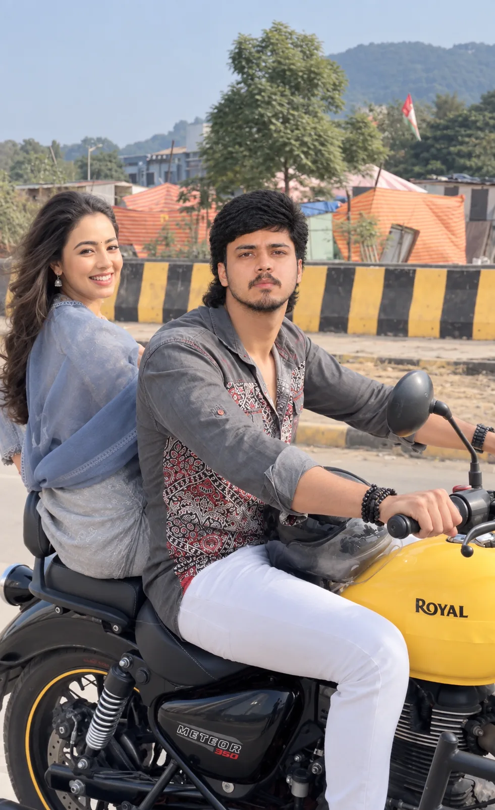 Young Couple Riding a Royal Enfield Meteor 350 – Cinematic Road Portrait