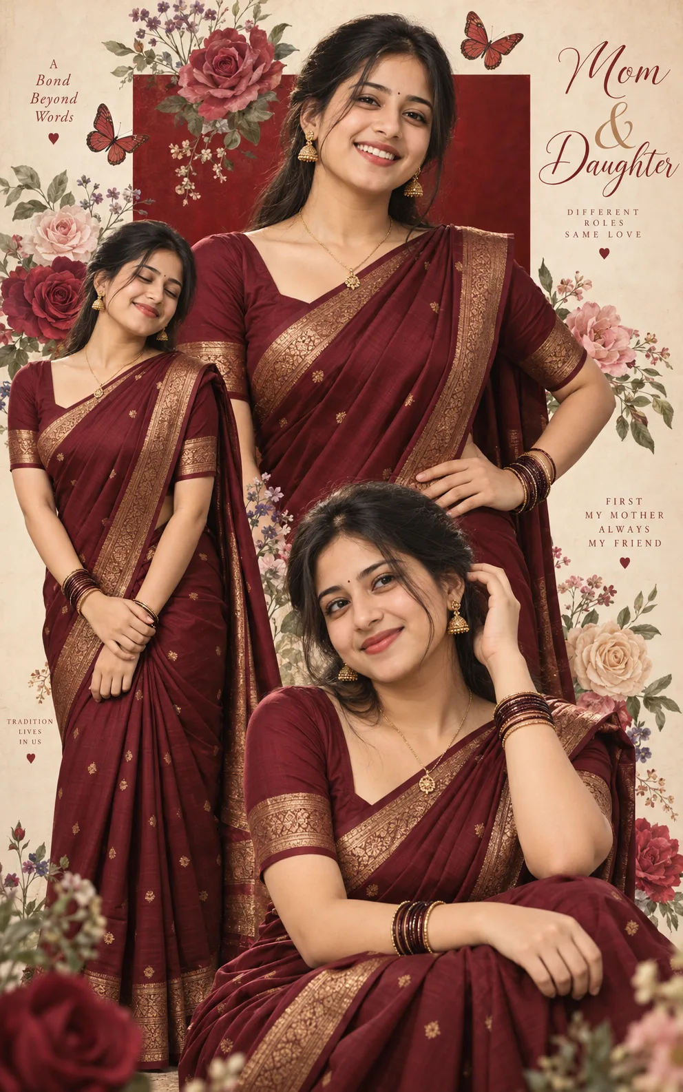 Exact AI Image Prompt — Elegant Mother & Daughter Saree Collage