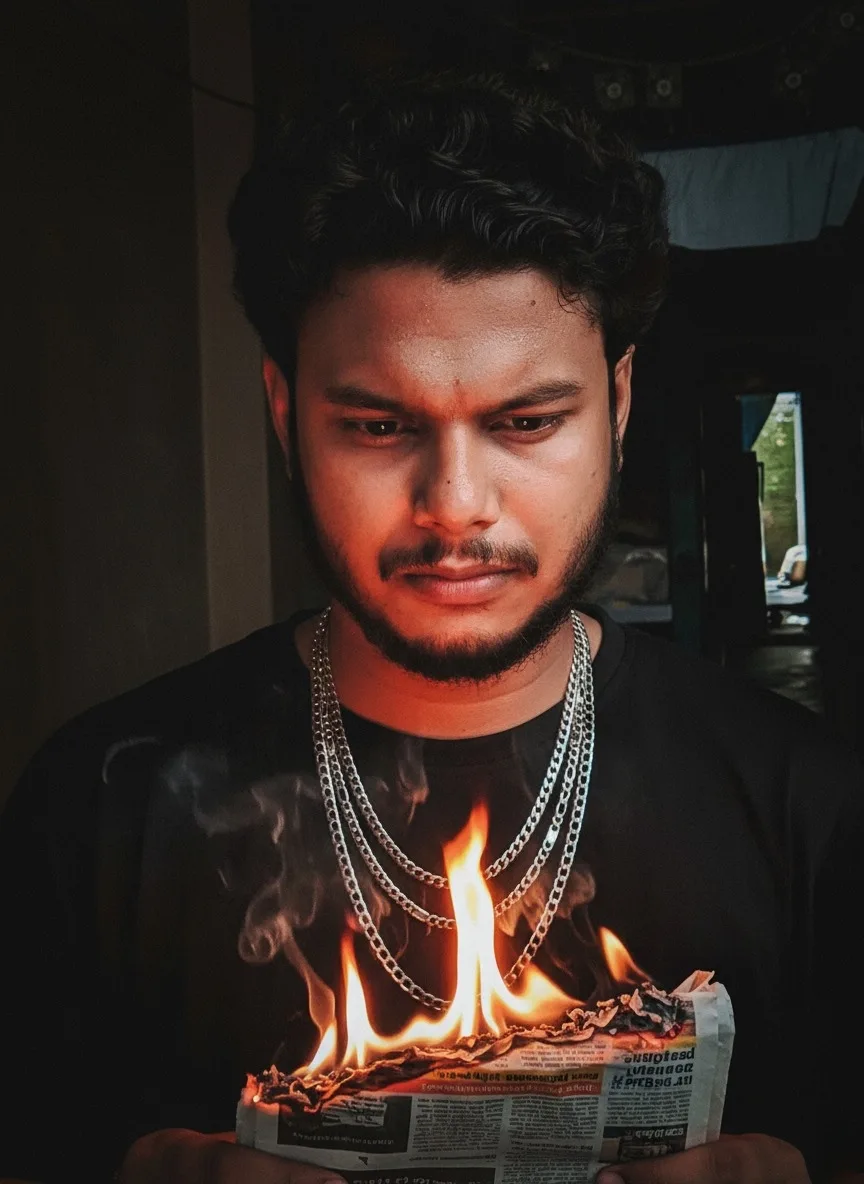 Intense Gaze with Burning Newspaper