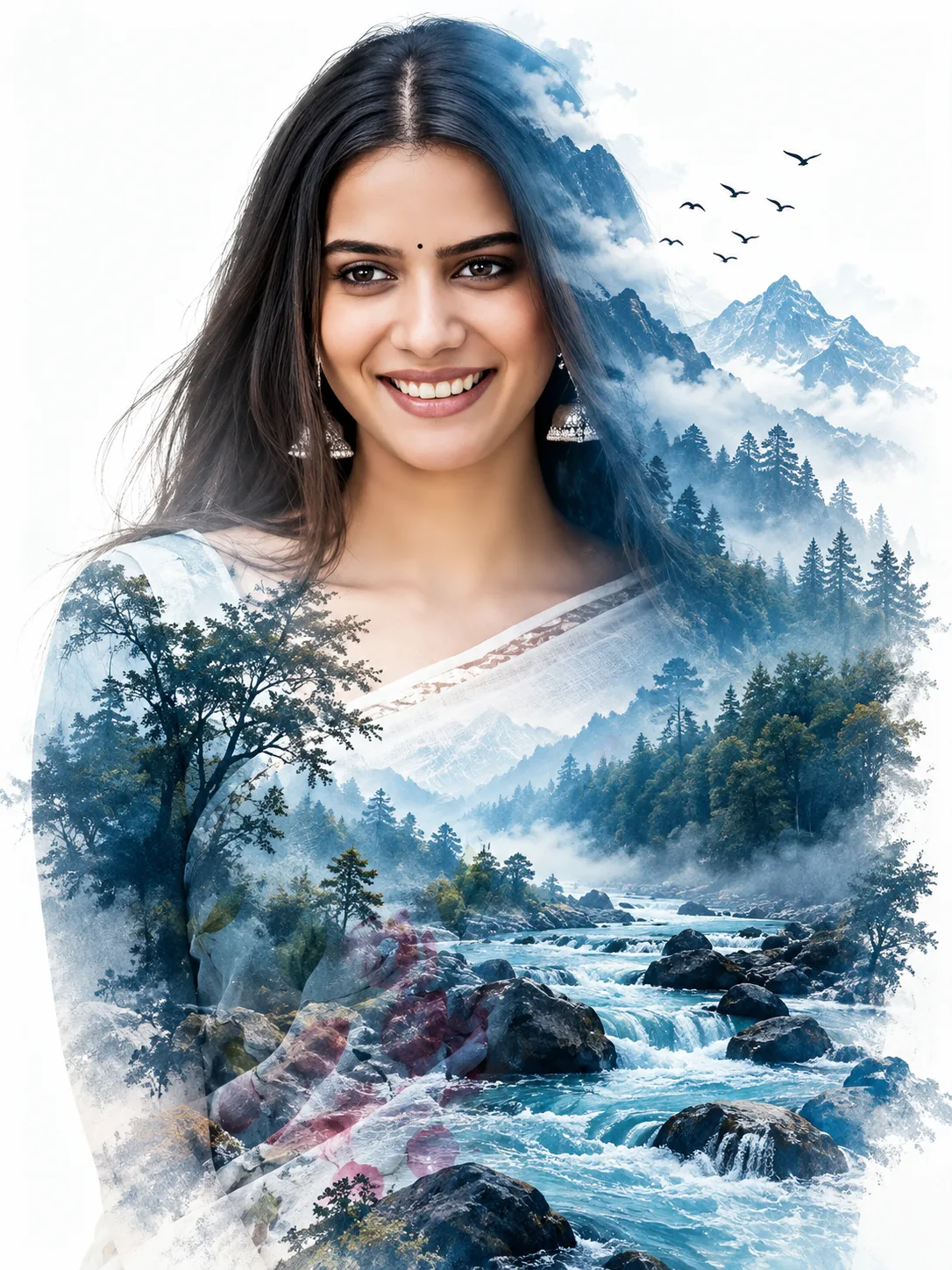 double-exposure portrait with blue nature landscape