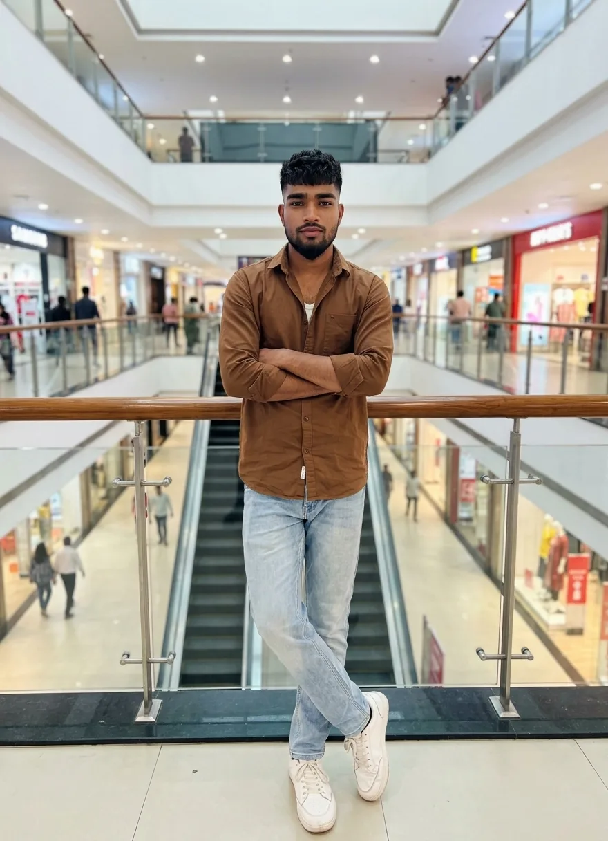 Shopping Mall Atrium Male Portrait Leaning on Glass Railing in Brown Shirt Prompt