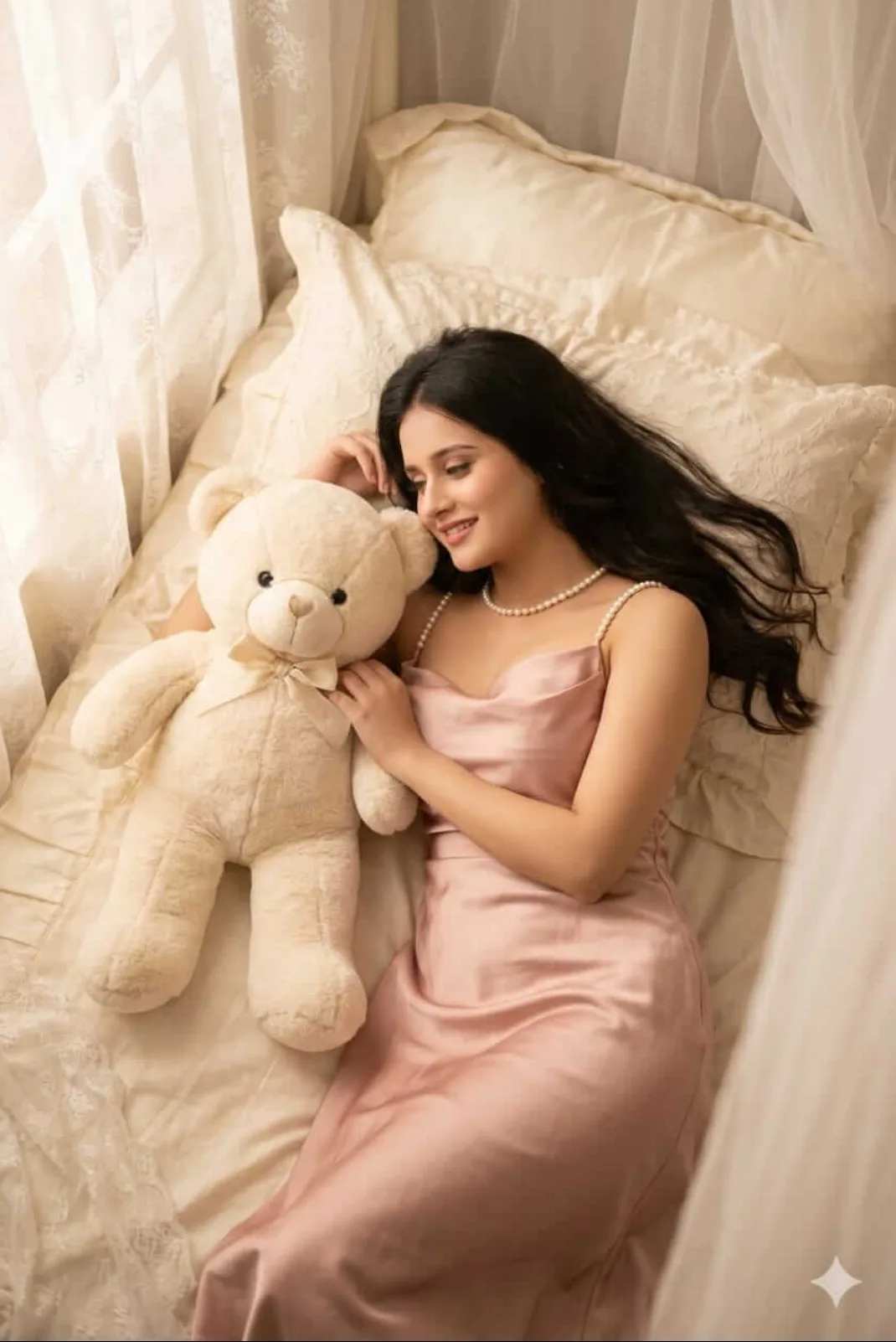 Ultra-Realistic Top-Angle Bedroom Portrait with Satin Slip Dress & Cozy Teddy Bear Mood