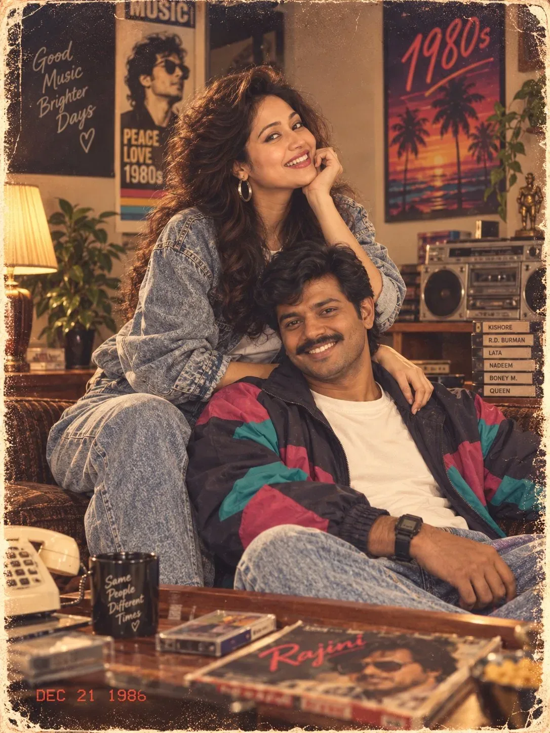Nostalgic 1980s Retro Couple Living Room Portrait in Windbreaker & Acid-Wash Jeans Prompt