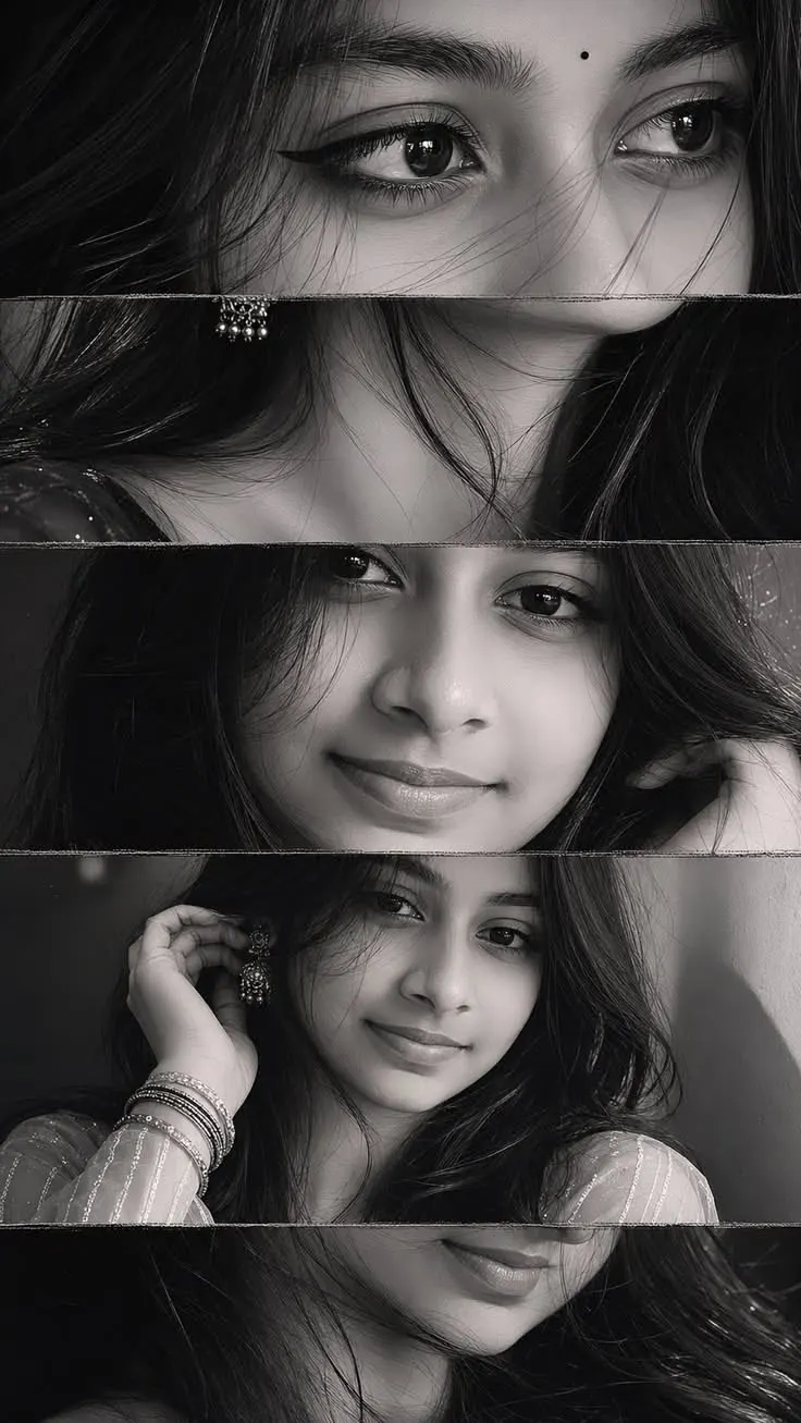 Cinematic black and white stacked filmstrip collage of a South Asian woman with expressive eyes and traditional details