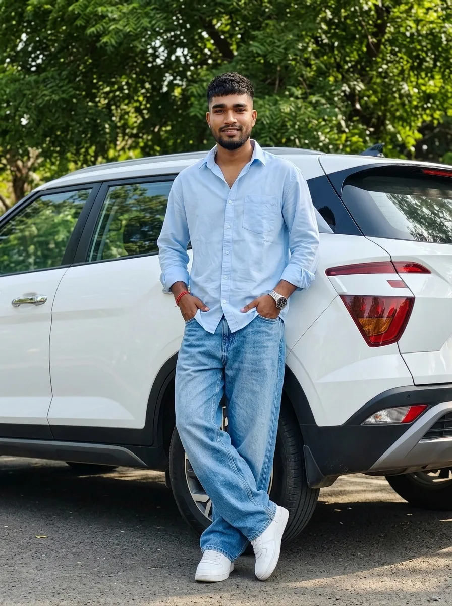 Candid Full-Body Portrait of Indian Man Leaning on White SUV