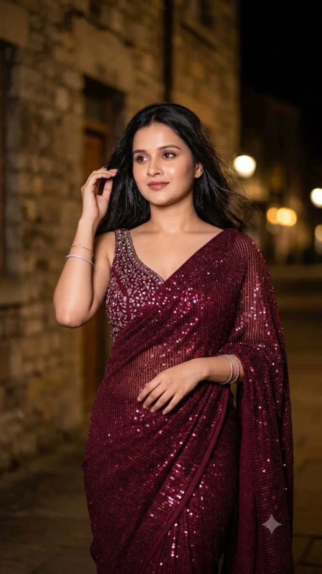 Ultra-Realistic Wine-Red Sequin Saree Portrait with Direct Flash, Nighttime Glow and Cinematic Bokeh