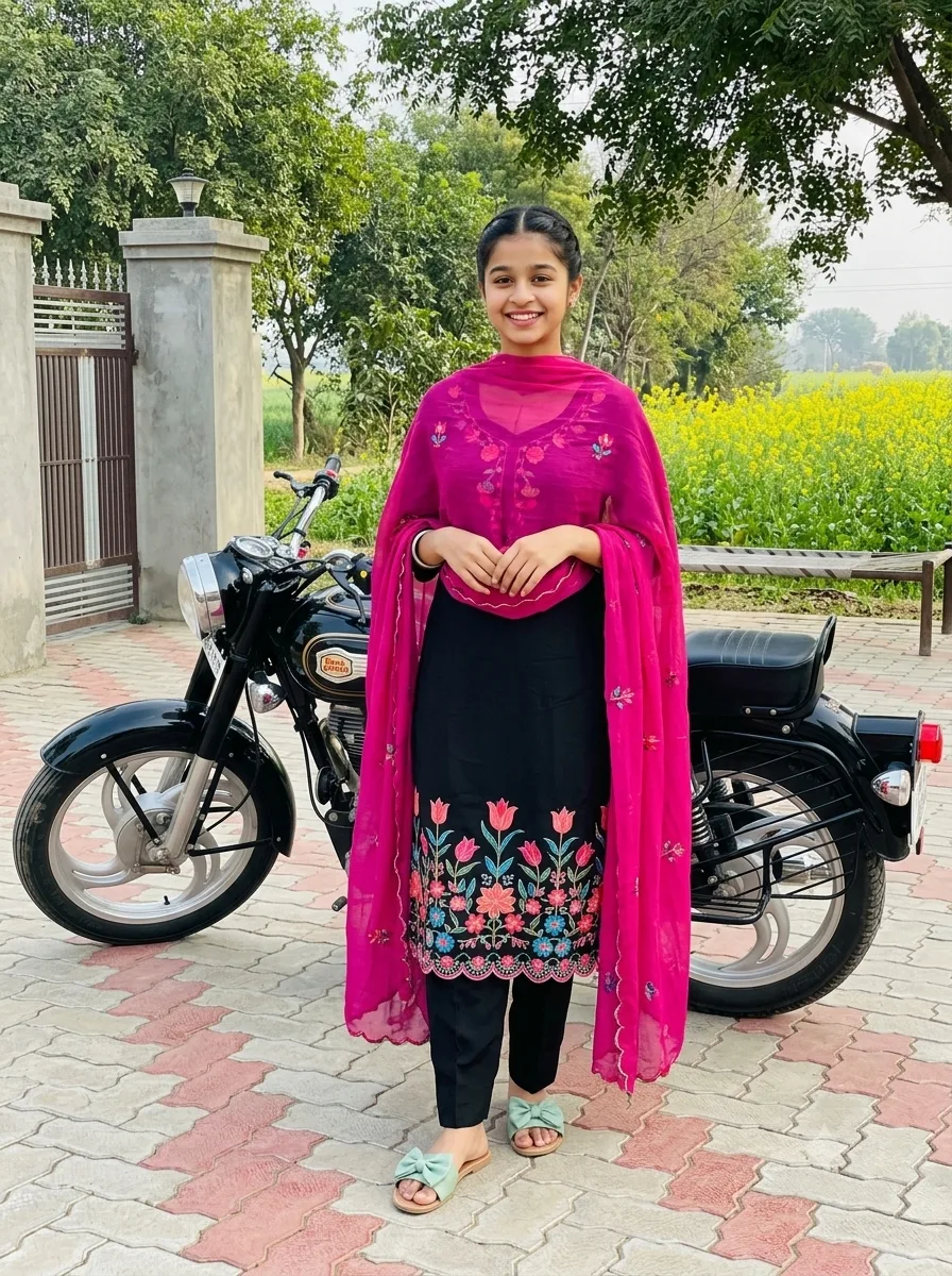 Punjabi Suit Female Portrait Beside Classic Royal Enfield Bullet Motorcycle Prompt