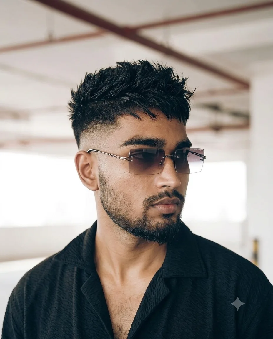 Rimless Sunglasses Male Close-Up Portrait with Spiky Textured Fade Prompt