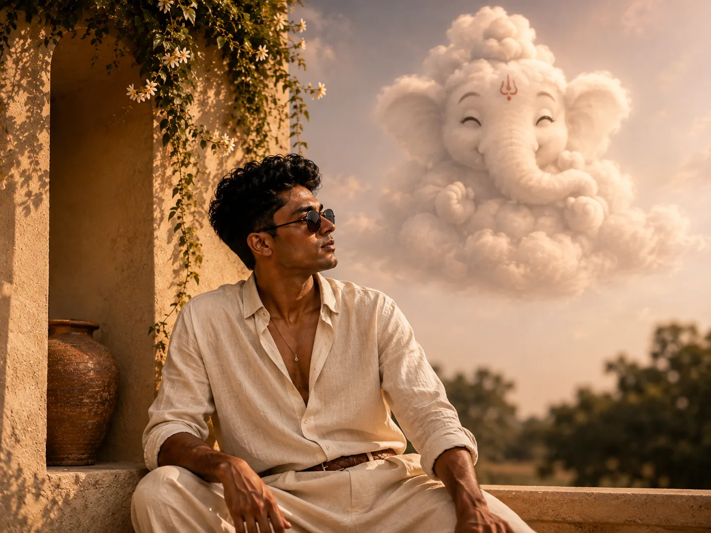 ultra-realistic devotional portrait of a young Indian man sitting