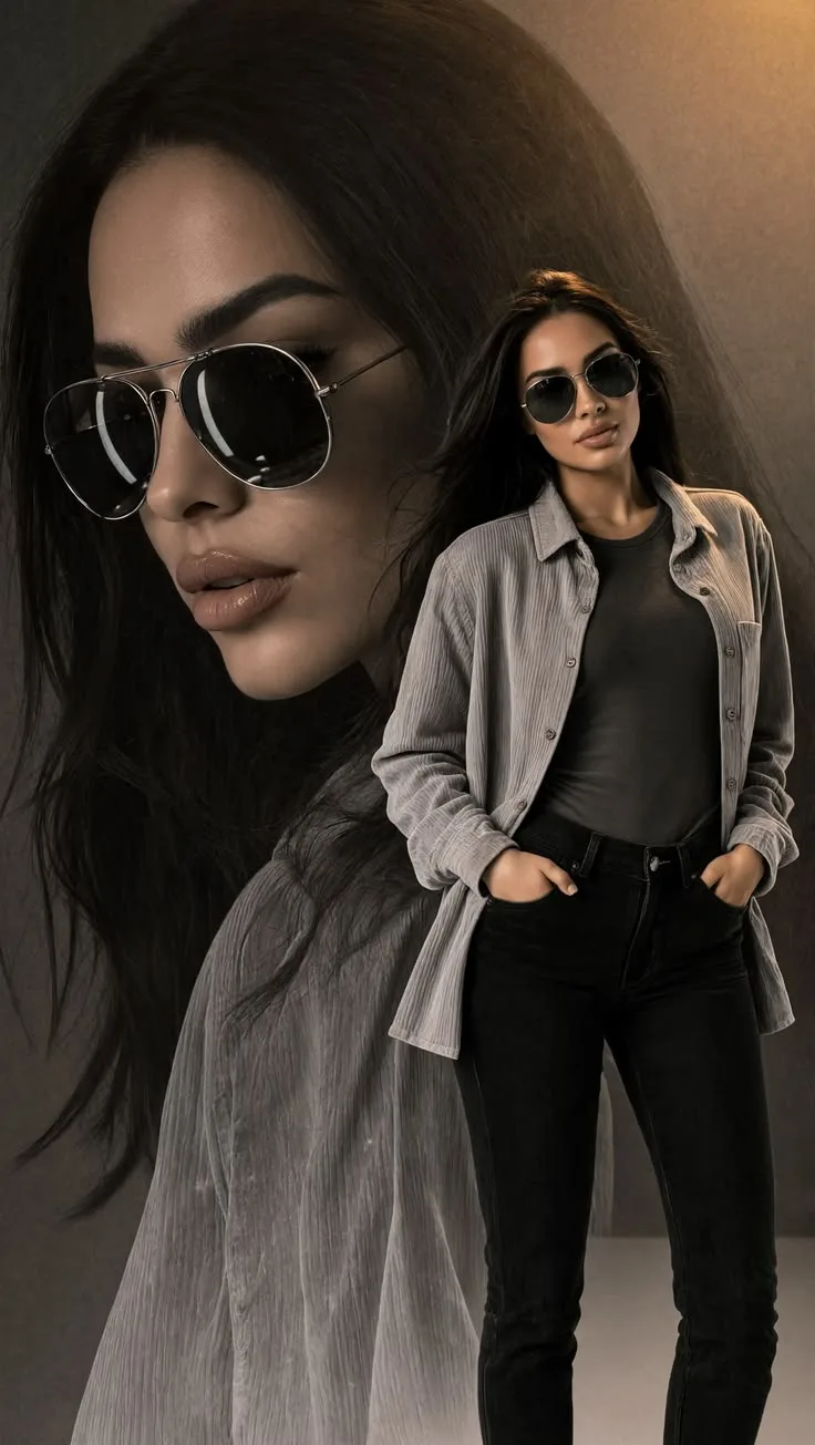 Monochromatic Double Exposure Studio Portrait with Aviator Sunglasses