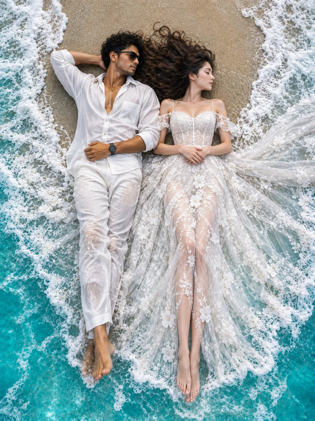 Ultra realistic aerial beach couple portrait top-down drone view