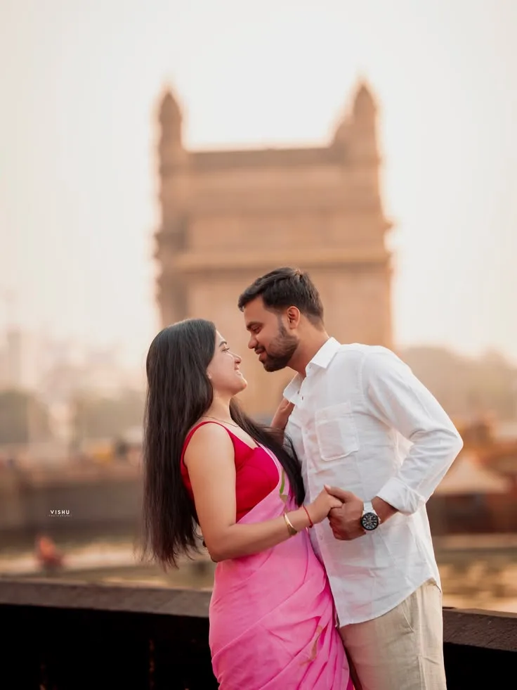 Candid Outdoor Pre-Wedding Portrait of Young Couple at Gateway of India