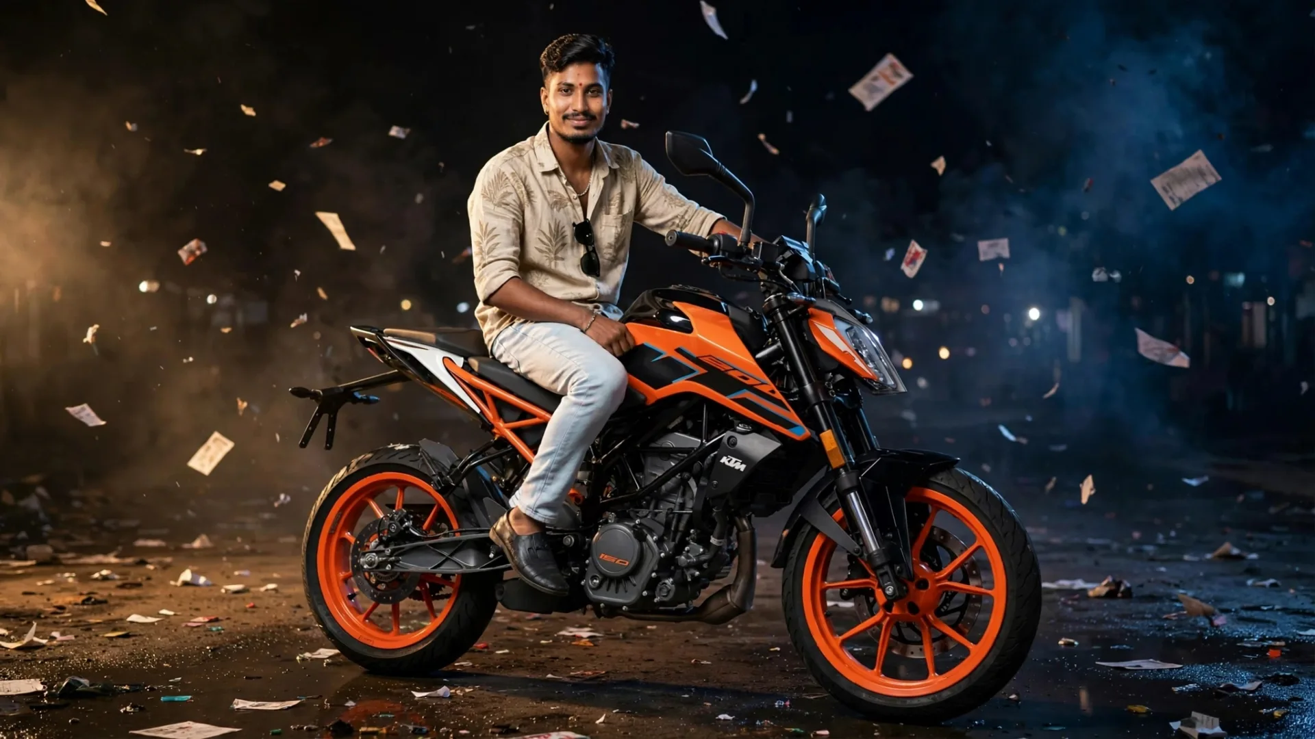 Ready bro — your exact face from the new photo, Duke 150cc cinematic 🔥  Black background, light focused on you + bike,