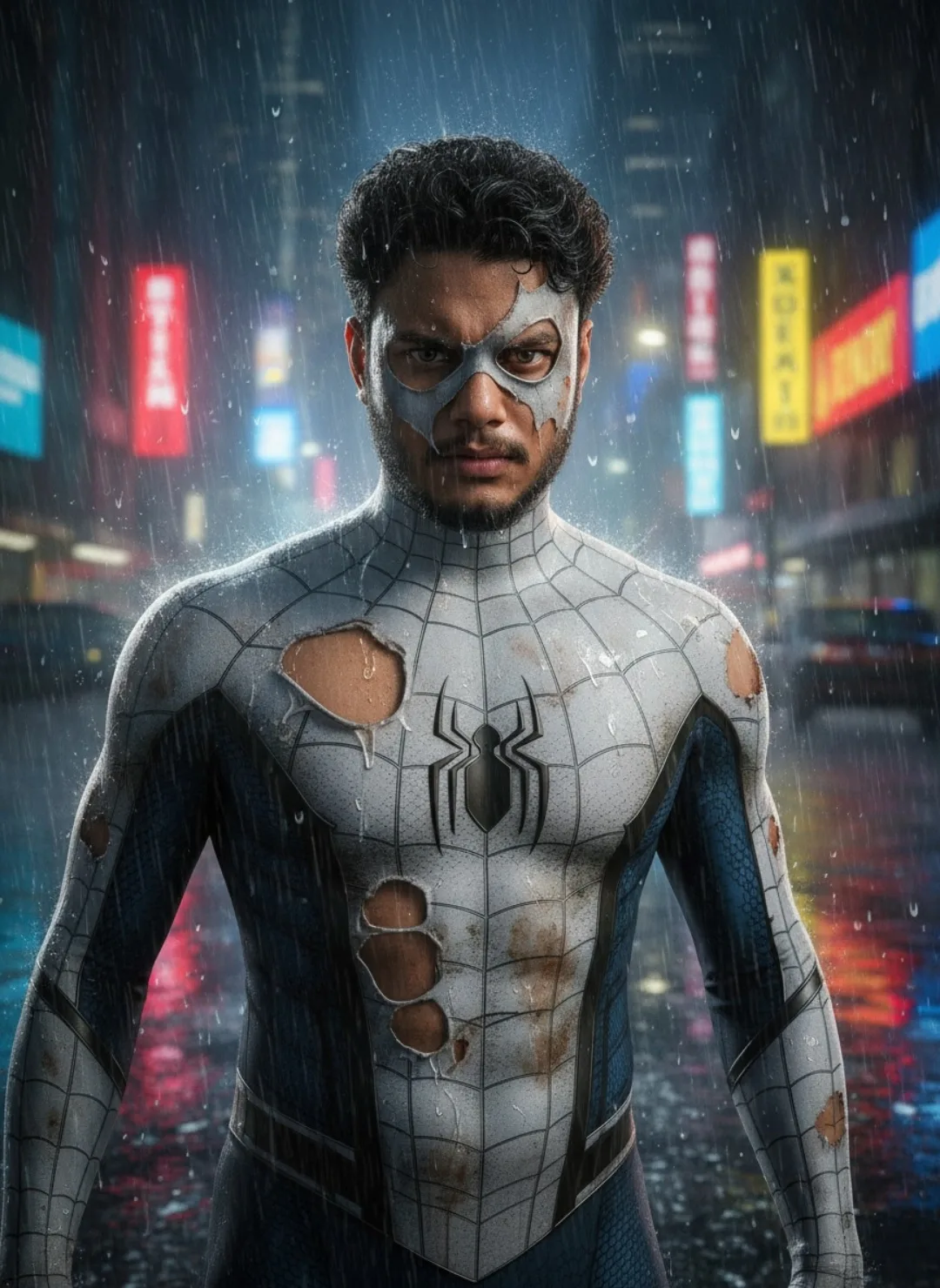 Rain-Soaked Spider-Man in Neon Night
