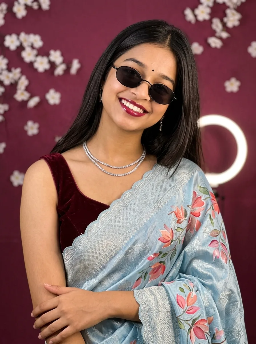 Glamorous Saree Portrait with Oval Shades & Ring Light Studio Setup Prompt