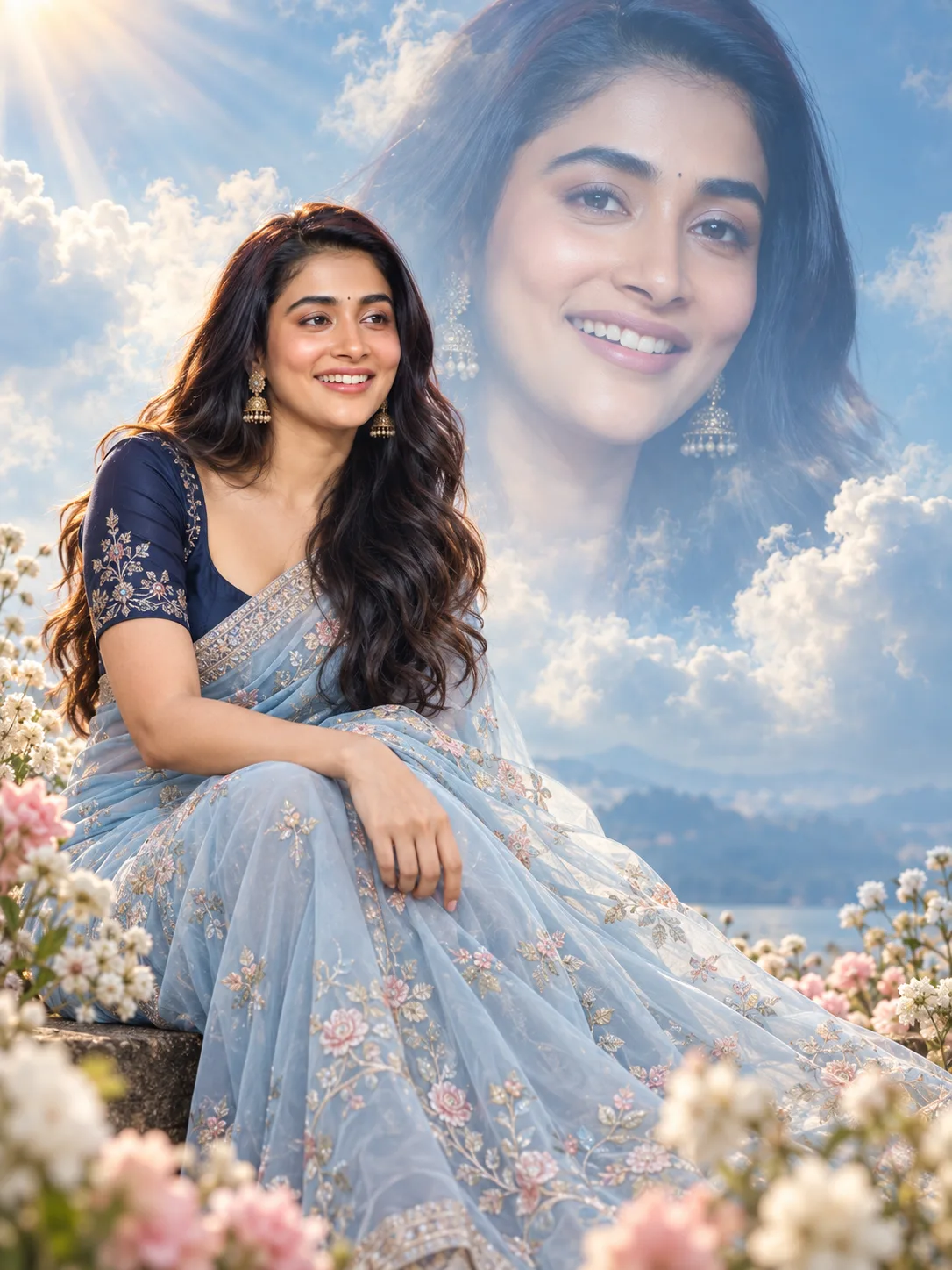 double-exposure portrait of woman in powder-blue saree