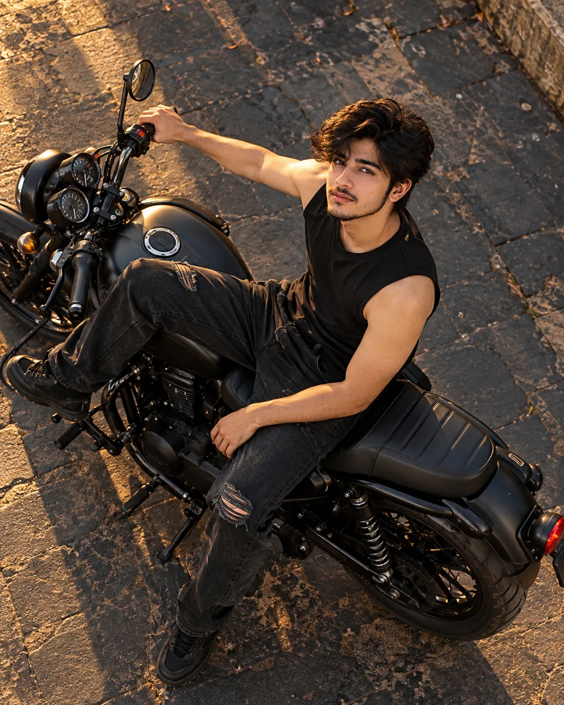 Ultra realistic cinematic portrait of a young man with his bike