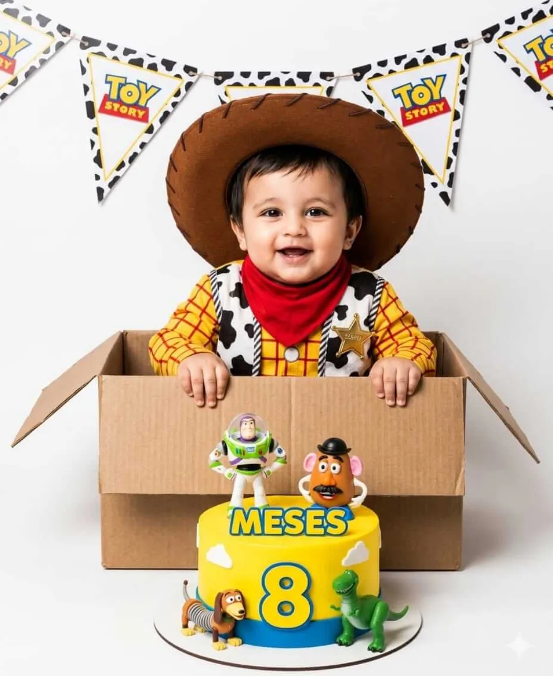 Toy Story 8-Month Milestone Baby Portrait with Woody Costume and Celebration Cake
