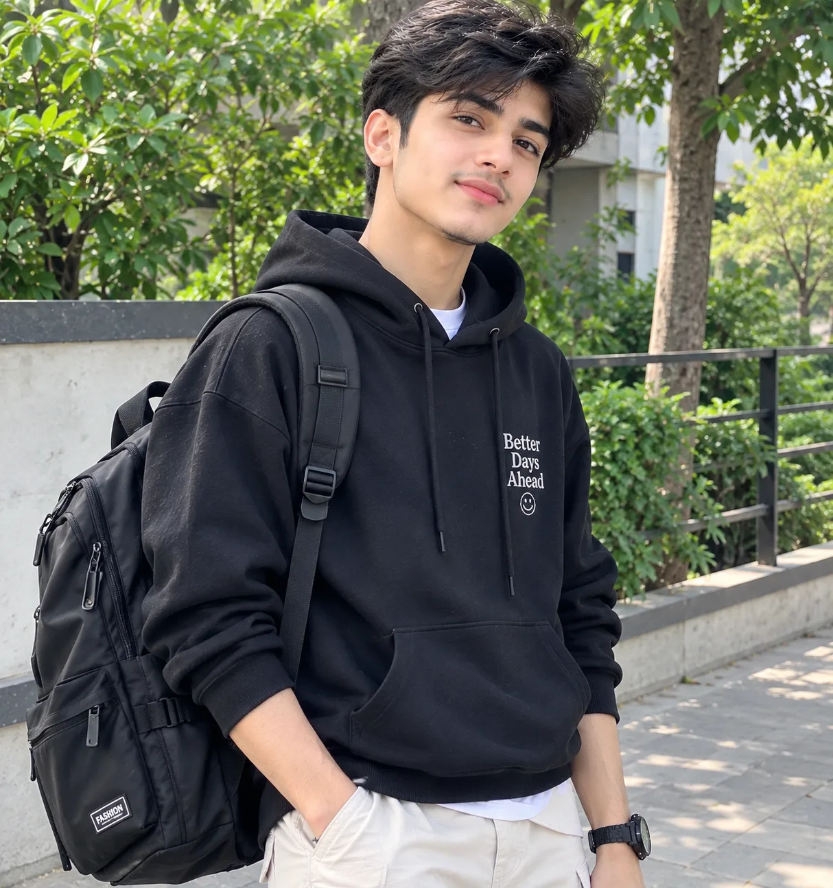 Stylish Black Hoodie Boy 🖤 | Outdoor Fashion Vibes
