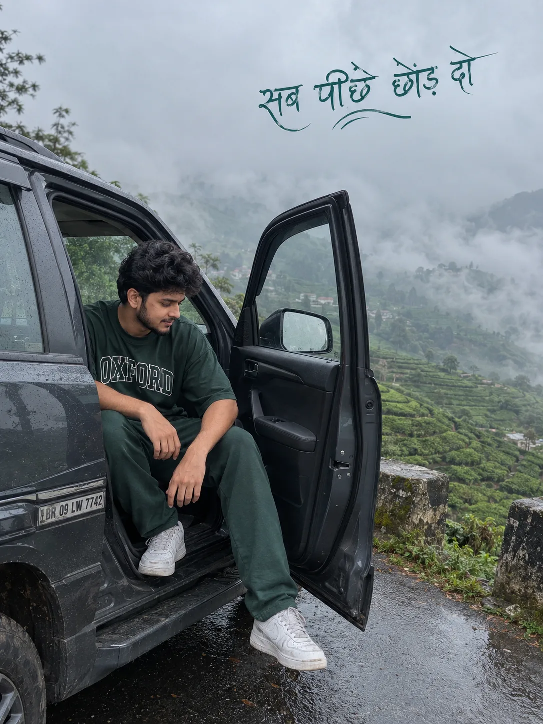 Misty Mountain Road Car Portrait — Prompt