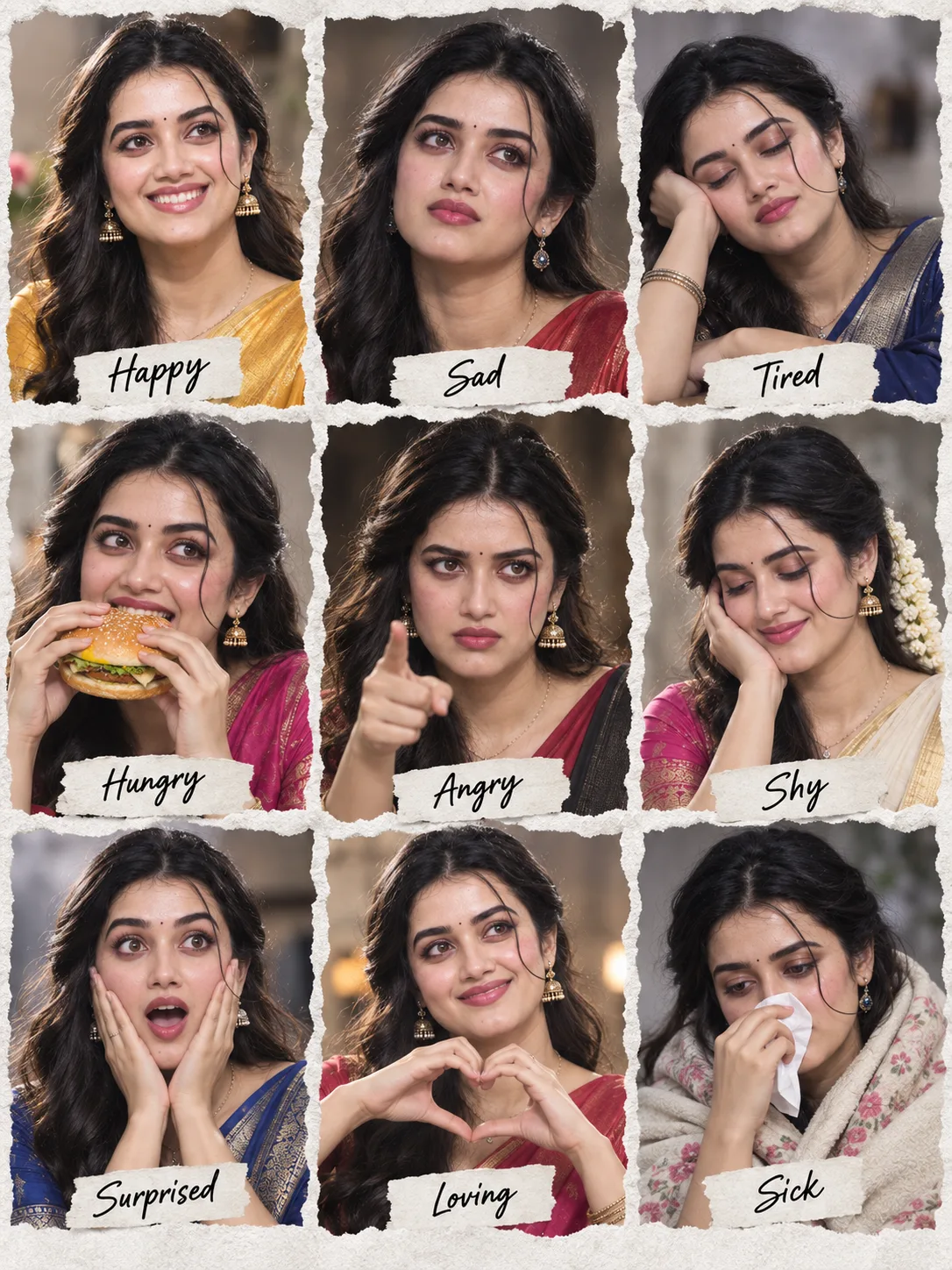 emotional-portrait collage of young South Indian woman