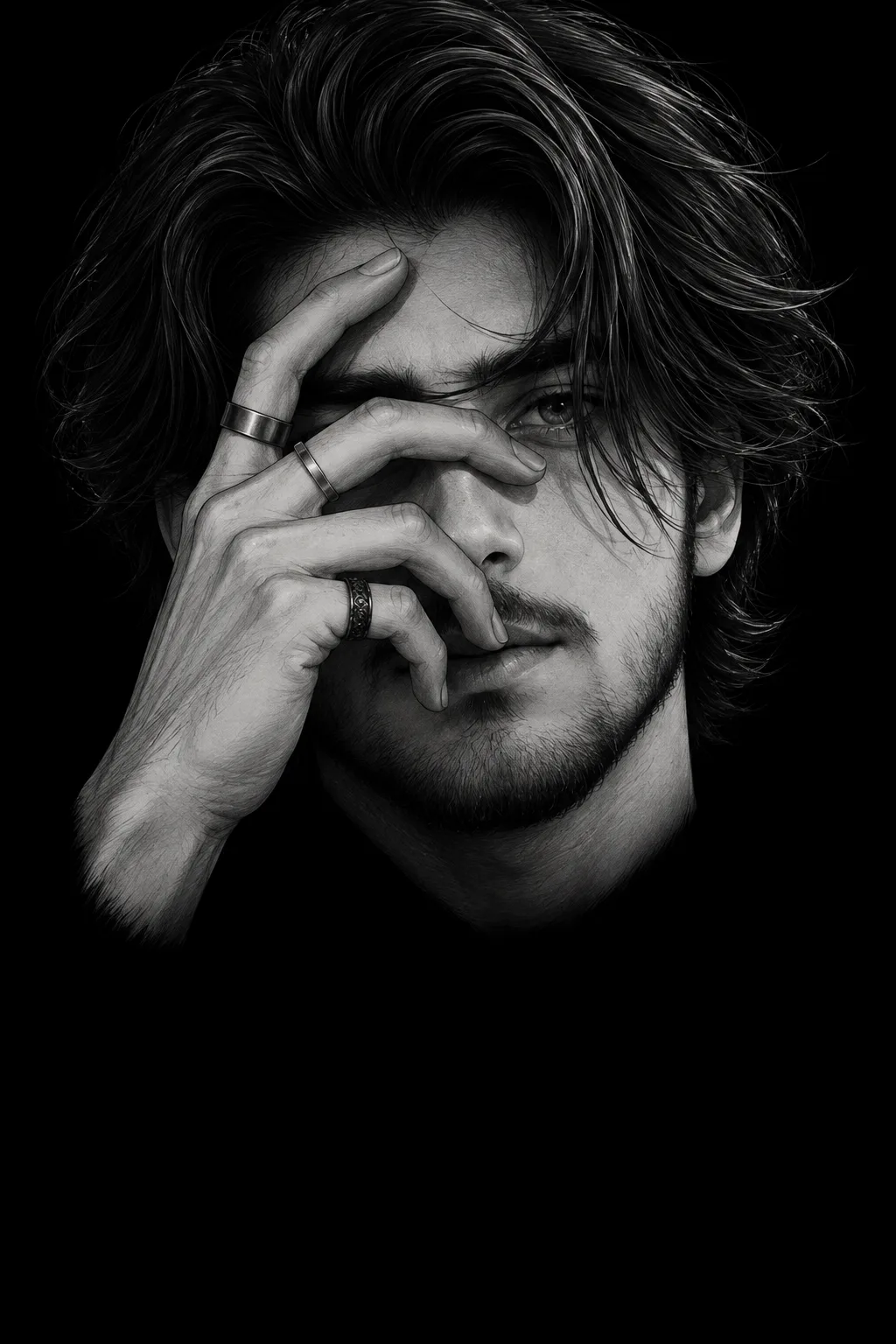 Brooding Monochrome Portrait with Hand Gesture