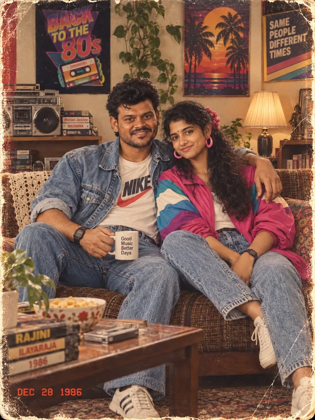 Vintage 1980s Retro Living Room Couple Portrait on Floral Sofa with Coffee Mug Prompt