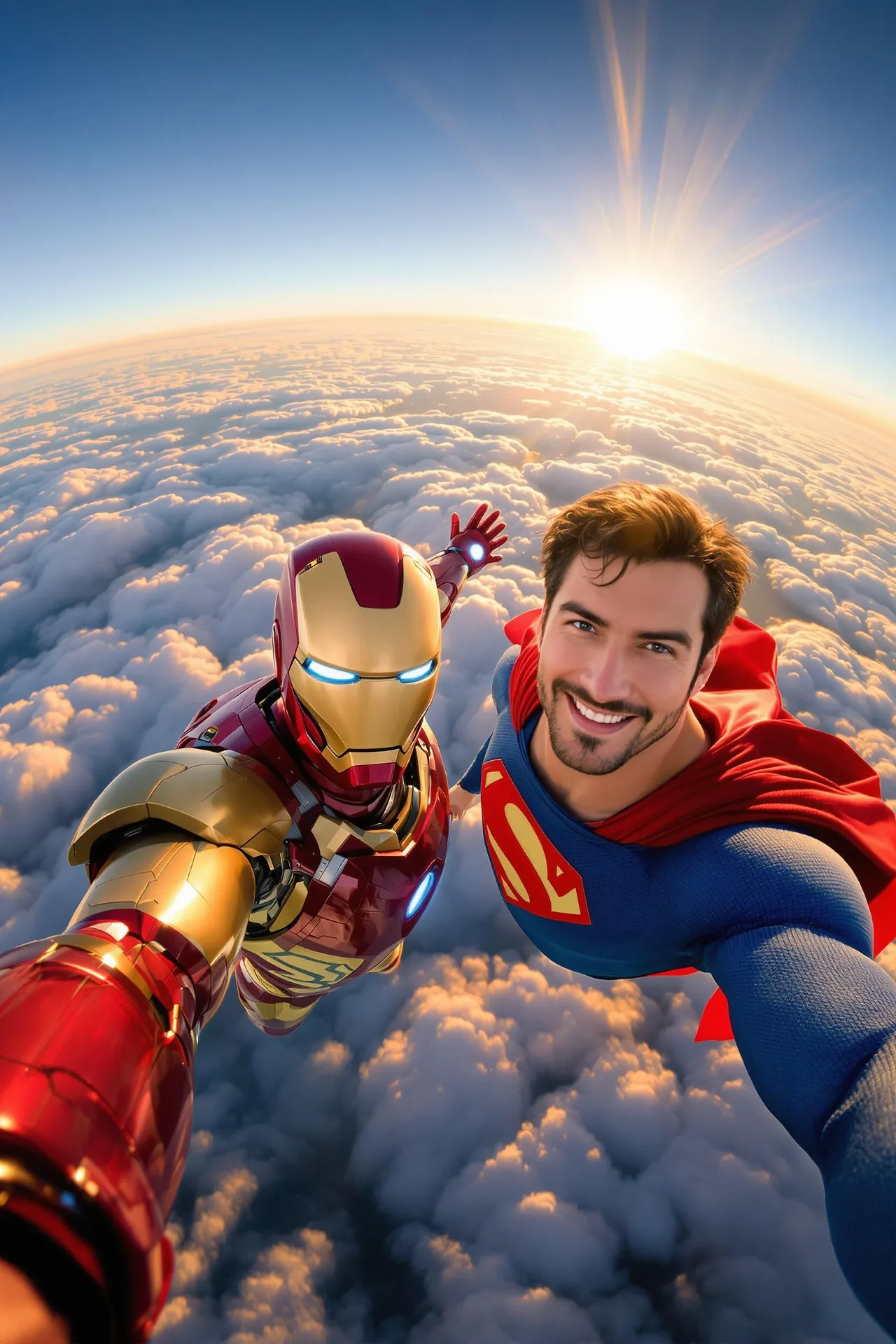 Iron man taking a selfie with superman in the sky far above the clouds