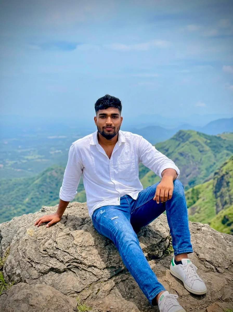 Mountain Viewpoint Crisp White Shirt Scenic Portrait