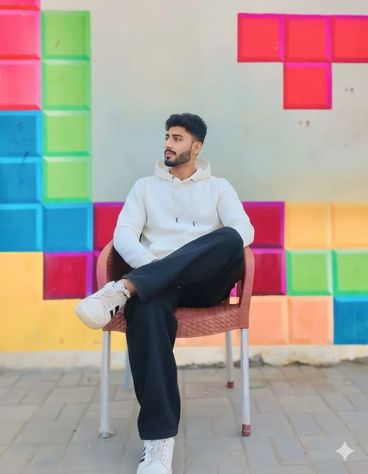 Candid Street Style Portrait of Young Man Seated Against Colorful Pixel Wall
