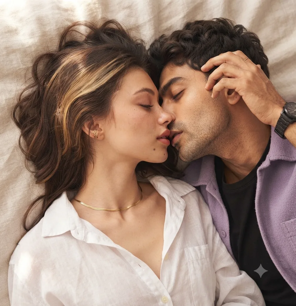 Ultra realistic intimate couple portrait photographed close overhead angle