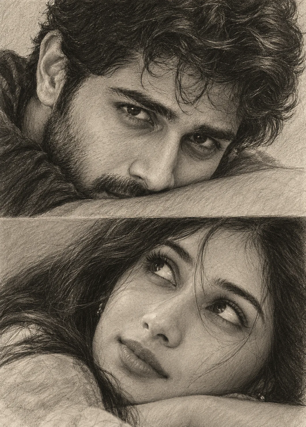 Ultra realistic cinematic graphite pencil sketch portrait of a couple