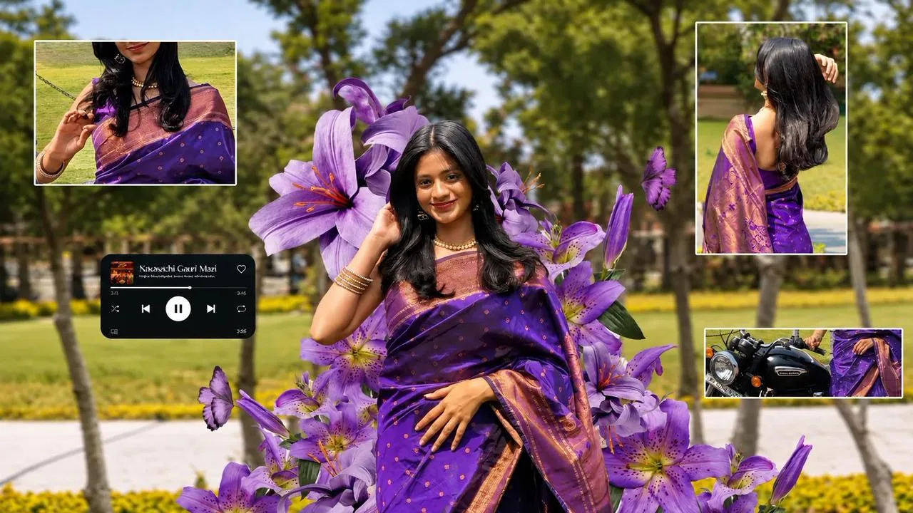 Purple Lily Garden – Traditional Sari Floral Portrait