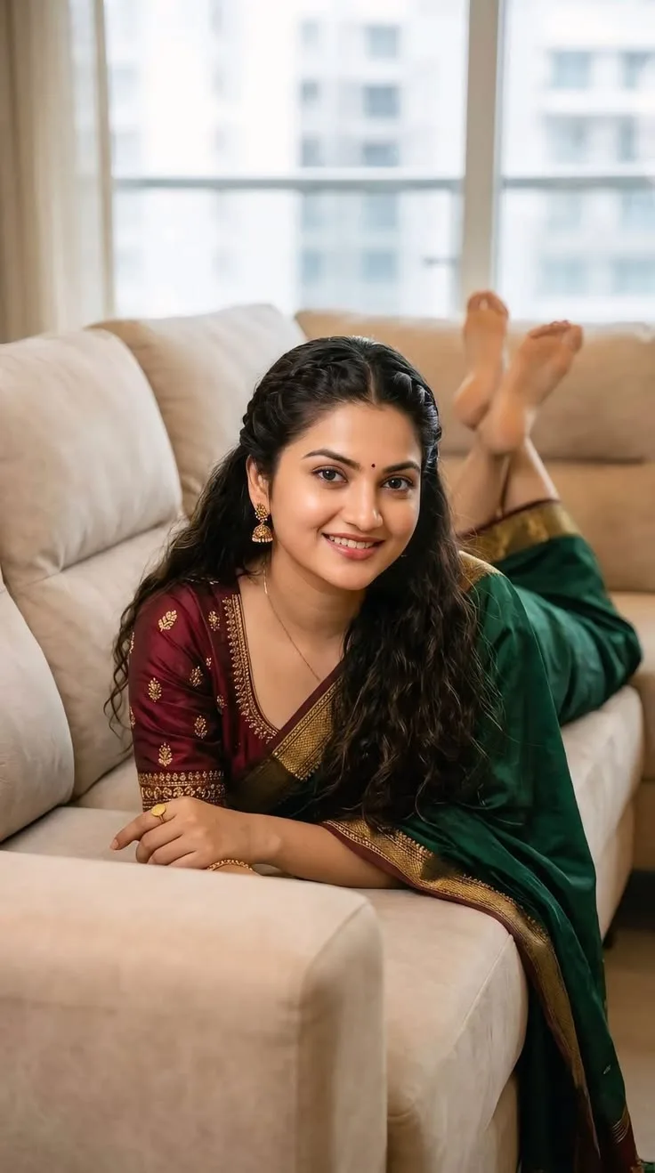 Candid Indoor Living Room Portrait in Traditional Silk Saree