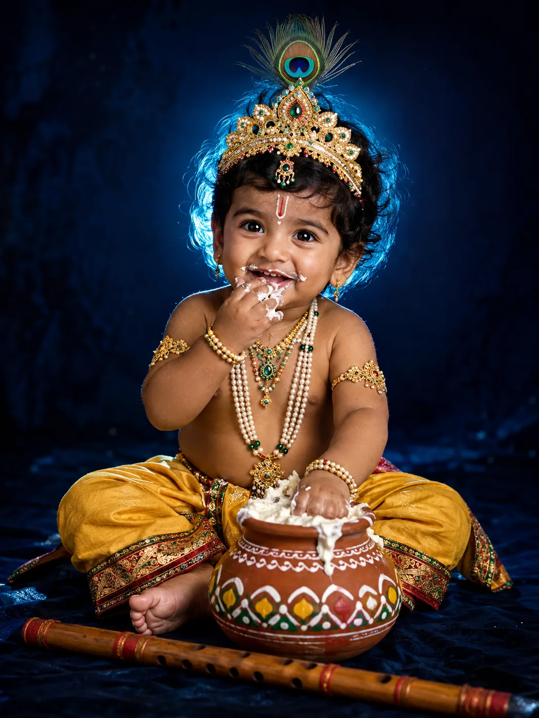 cinematic devotional portrait of toddler as bal krishna