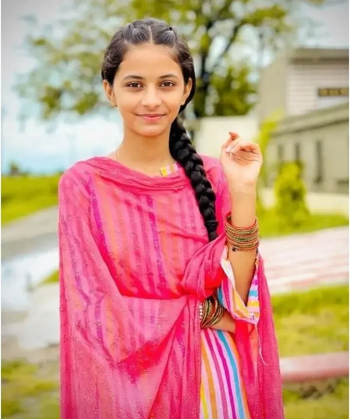 Traditional Candy Stripe Kurti Aesthetic, Charming Braid Ethnic Lifestyle Portrait, Sunny Courtyard Ethnic Elegance