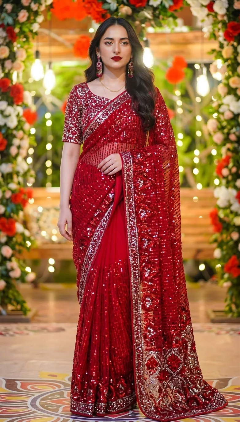 Vibrant Red Sequined Sari Portrait in Festive Floral Setting