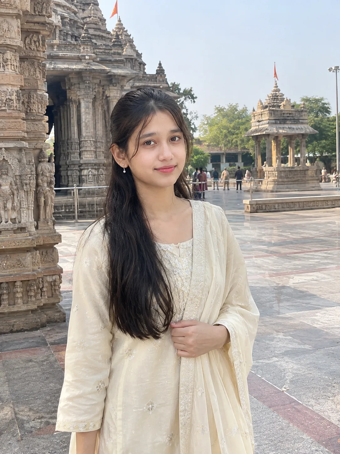 Ultra Realistic Girl Temple Courtyard Shot