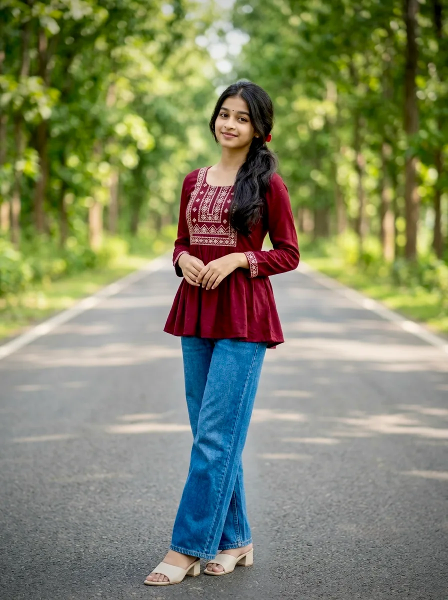 Casual Indo-Western Kurti & Denim Avenue Portrait, Radiant South Asian Beauty Tree Tunnel Portrait, Sweet Peplum Tunic C